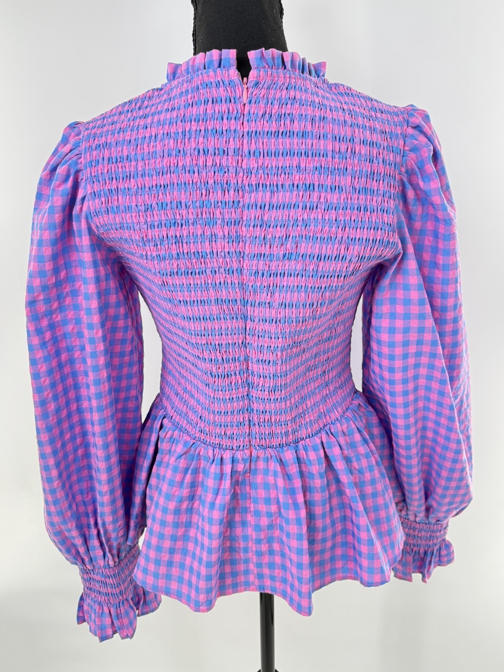 Hyacinth House Ruby Blouse Gingham Smocked Peplum Ruffle Blouse Blue Pink Size M - Picture 5 of 16
